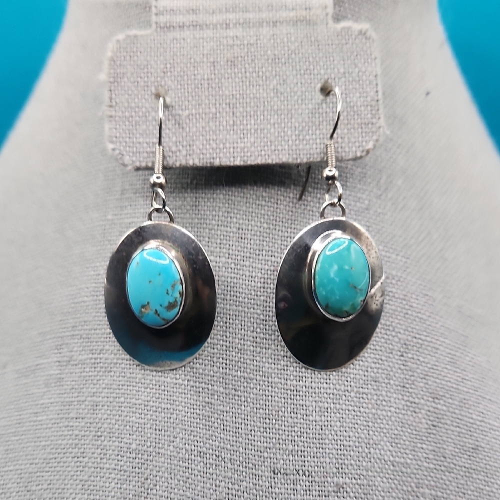Turquoise and Silver Oval Earrings - Picture 4 of 6